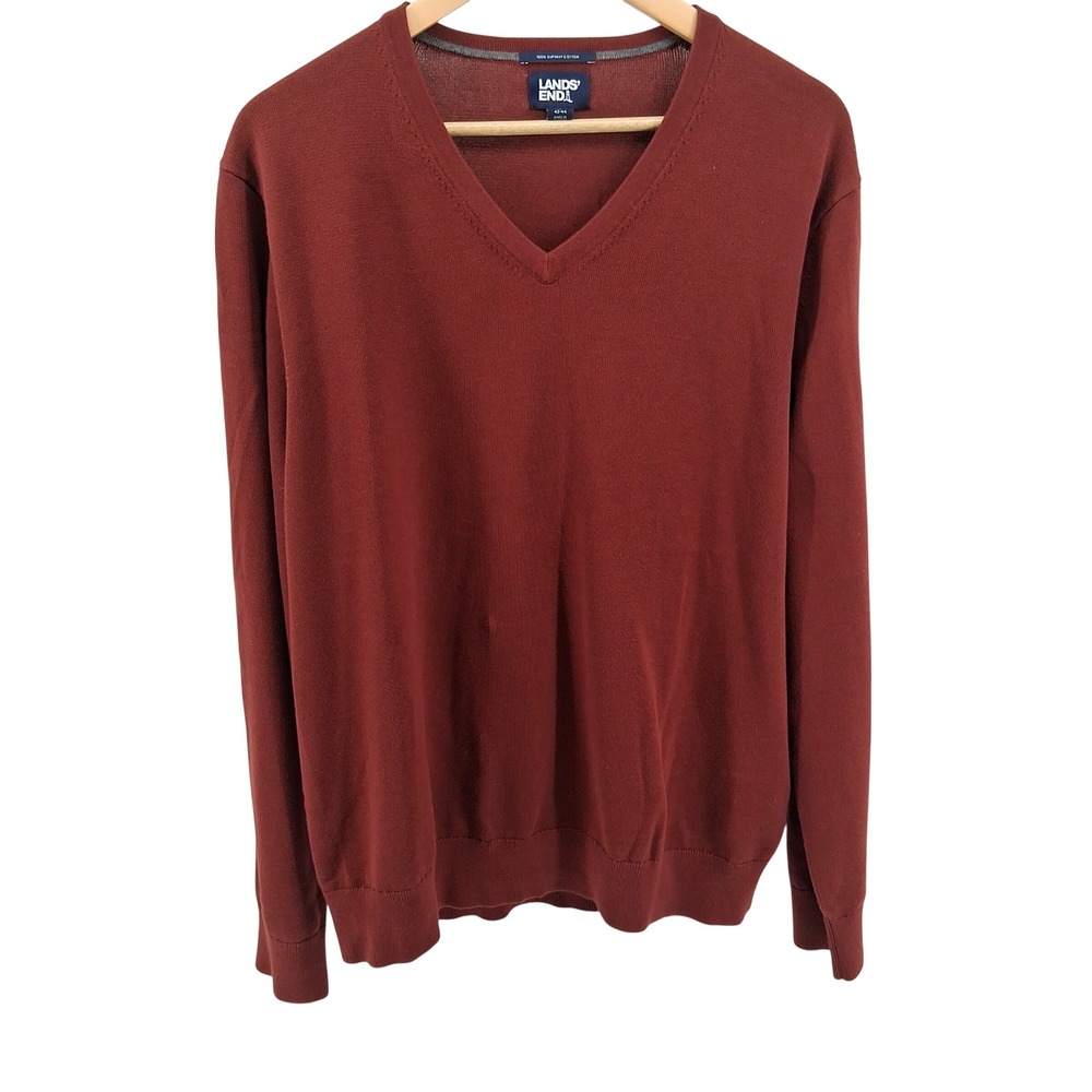 Lands' End Mens V‎ Neck Sweater Cotton Blend Casual Burgundy Large Preppy Fall